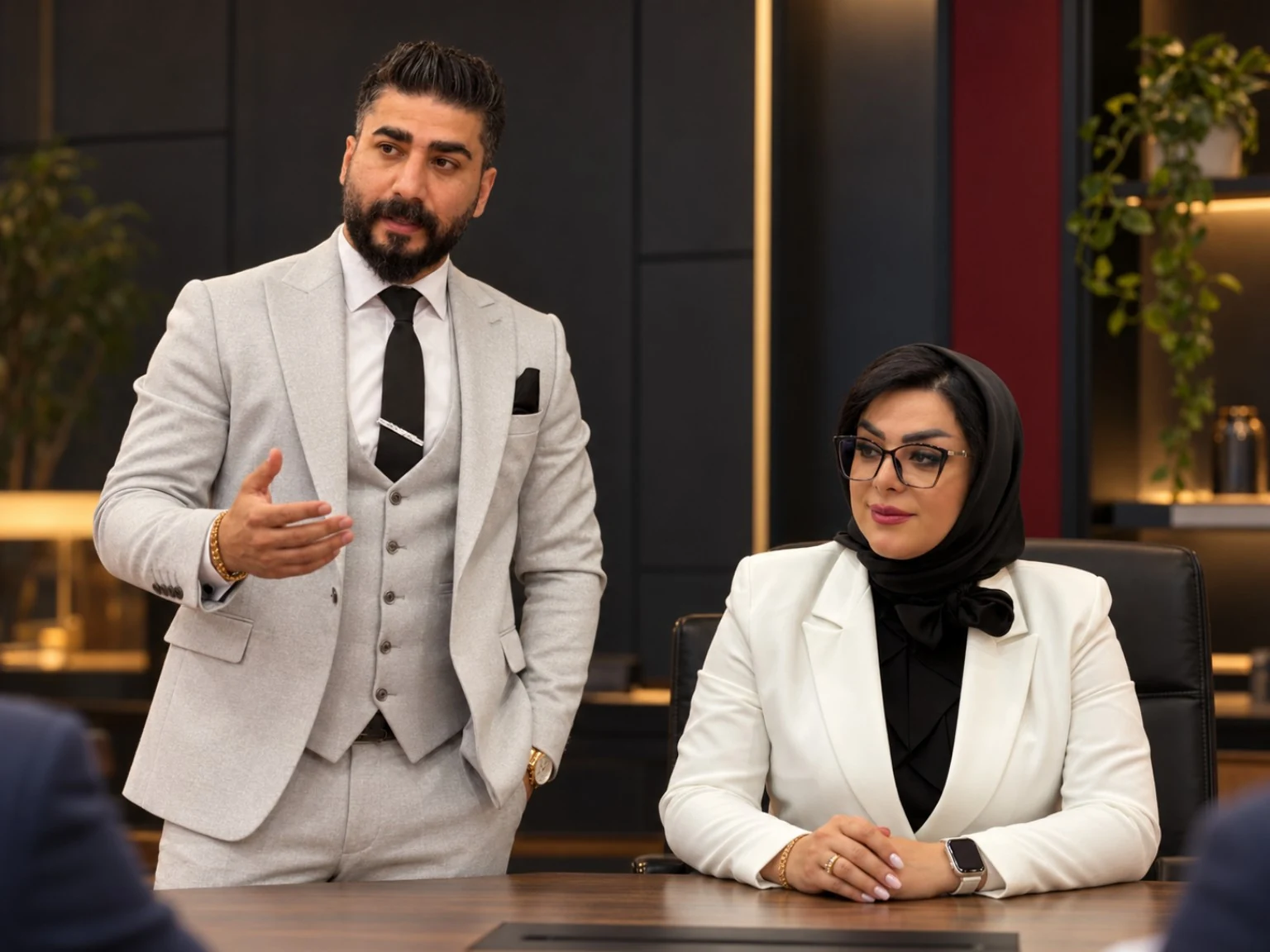 شاهین پویا در حال صحبت در کنار فرزانه مهرپویان در فضای جلسه